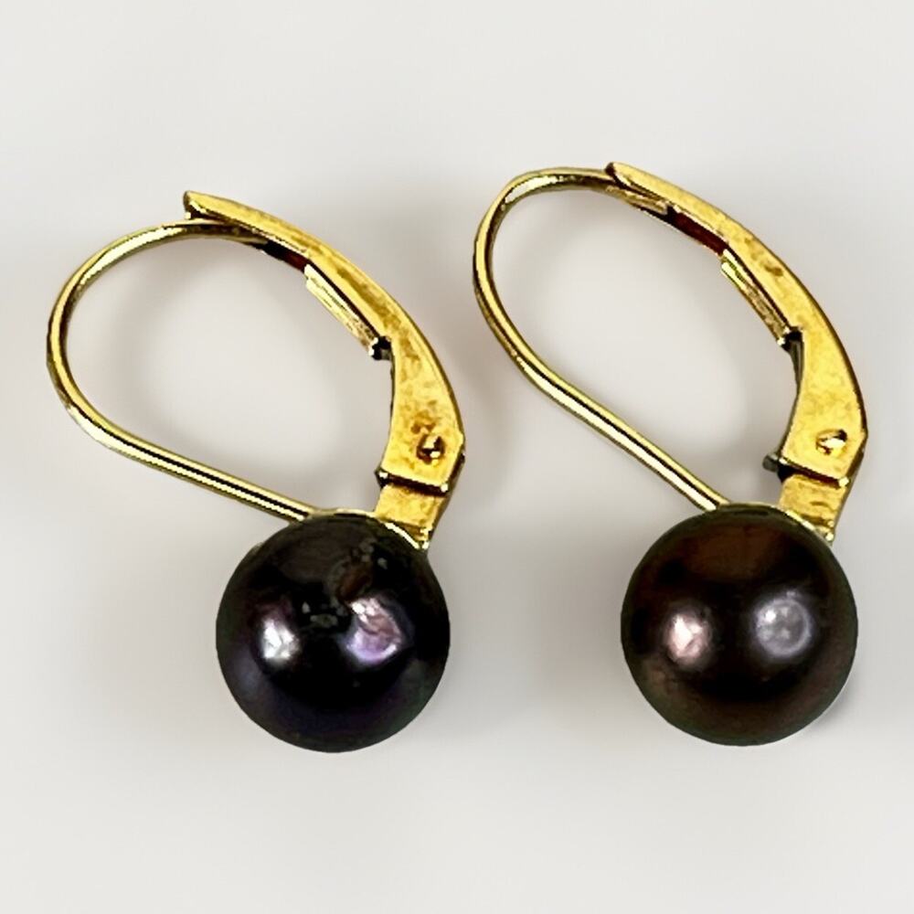 14K Solid Yellow Gold 6.5 mm Black Pearl Leverback Dangle Earrings - 1.4g Signed